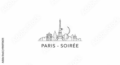 Black and white outline of Paris skyline with Eiffel Tower and crescent moon