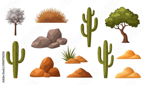 Desert elements vector set with tumbleweed cactuses rocks and tropical tree in cartoon style