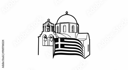 Black and white sketch of a Greek Orthodox church with domes and bells, draped with flag
