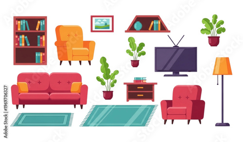 Colorful living room furniture collection with sofa armchair TV bookshelf lamp and plants flat illustration