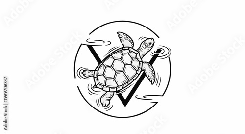 Black and white sketch of a sea turtle swimming in water within a circular emblem