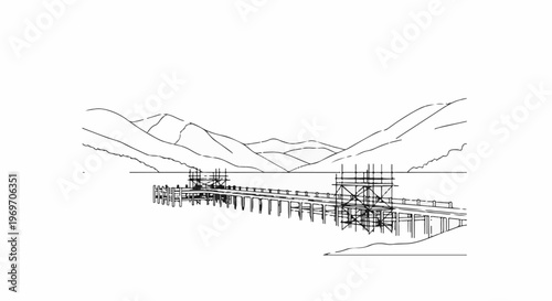 Black and white sketch of a pier under construction with mountainous backdrop