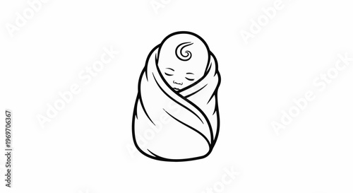 Black and white sketch of a sleeping baby swaddled in a blanket
