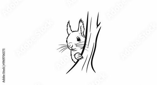 Black and white sketch of a squirrel peeking from behind a tree trunk