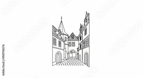 Black and white sketch of an old European street with arched passage