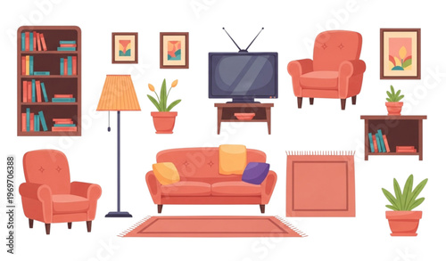 Living room interior vector set with sofa armchair TV bookshelf lamp carpet and plants isolated