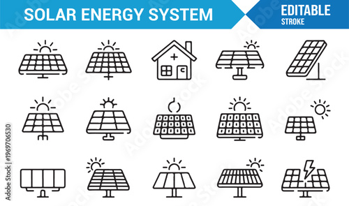 Solar energy technology icons set with renewable electricity concepts
