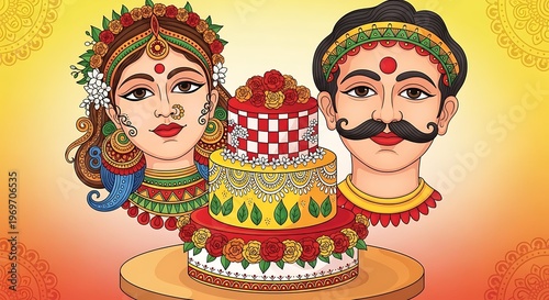 A vibrant illustration of two people adorned in colorful and intricate festival attire.