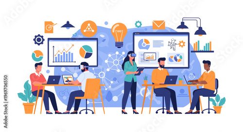 A minimalist illustration depicting a person working at a desk with a potted plant nearby. This image evokes a sense of calm productivity and is suita