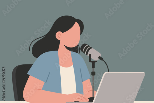 Podcaster at desk with laptop and microphone, stylized vector illustration of recording and broadcasting.