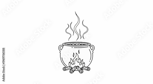 Cauldron bubbling over flames with steam rising