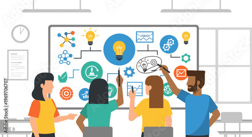 A minimalist illustration depicting a woman thoughtfully gazing at a blank whiteboard, ideal for representing education, brainstorming, or future plan