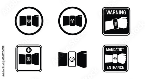 Black and white icons depicting wearable device safety and access