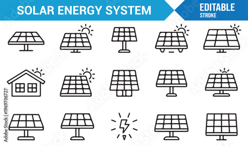 Solar power system icons including rooftop panels battery and electricity