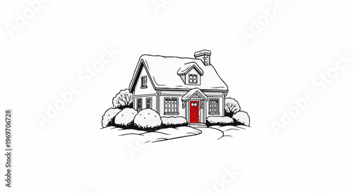 Charming house with red door, surrounded by snow and bushes