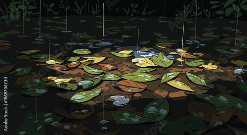 Rainy Day Scene with Fallen Autumn Leaves in Puddles