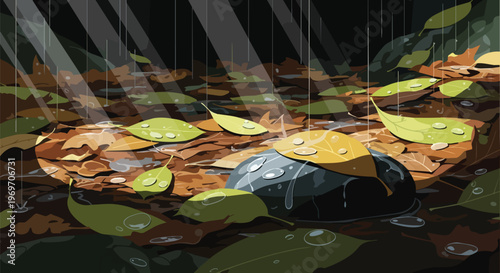 Rainy Forest Floor with Fallen Leaves and Wet Stone in Moody Lighting
