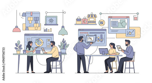 A soothing illustration of a woman caring for a small potted plant on her desk. Perfect for concepts relating to wellbeing, growth, and a positive wor