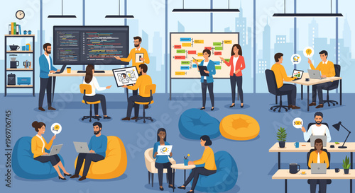 A cheerful woman works from a comfortable beanbag chair, using a laptop and smartphone. This image conveys a sense of modern work-life balance and dig