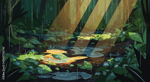 Rainy Forest Scene with Sunbeams and Puddles Digital Illustration