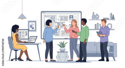 A cheerful illustration depicting a woman working at a computer. Perfect for articles or websites focusing on remote work, office life, or professiona