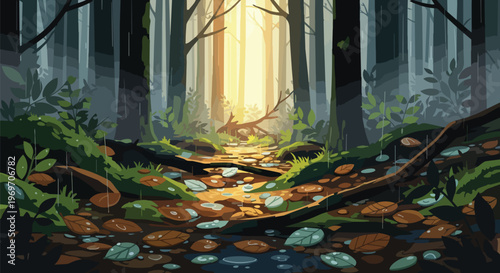 Rainy Forest Path with Golden Sunlight and Fallen Leaves