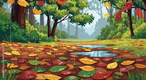 Rainy Autumn Forest Landscape with Fallen Colorful Leaves and Puddles