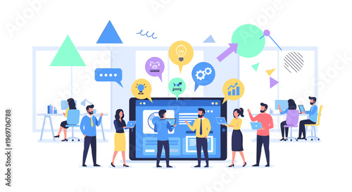 A minimalist illustration depicting a businesswoman at her workspace, conveying a sense of productivity and focus. Ideal for corporate websites, artic