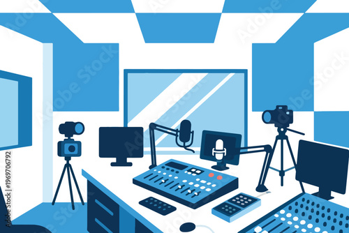 Modern recording studio with microphones, cameras, and mixing console, stylized vector illustration of audio and video production.