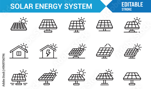 Green energy icons pack with photovoltaic system and eco technology symbols