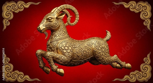 An 2027 new year with copy space for text, a dynamic pose against a vibrant red background,ornate golden goat statue featuring traditional floral patterns is depicted jumping through the air against a