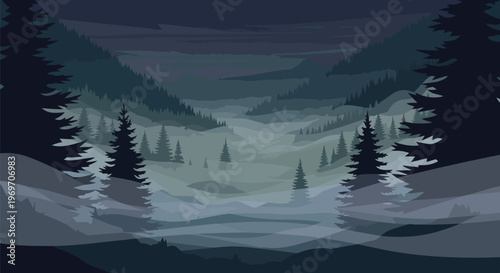 Minimalist Misty Forest Landscape Vector Illustration