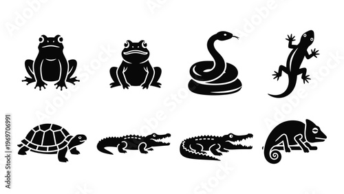 A collection of reptile and amphibian silhouettes including frogs snakes lizards turtles and a chameleon silhouette high quality professional detailed modern
