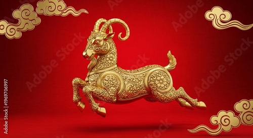 An 2027 new year with copy space for text, a dynamic pose against a vibrant red background,ornate golden goat statue featuring traditional floral patterns is depicted jumping through the air against a