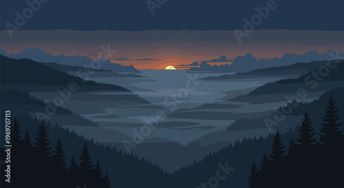 Minimalist Mountain Landscape with Foggy Valley at Sunset