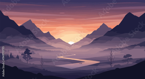 Pixel Art Landscape with Winding River and Mountains at Sunset