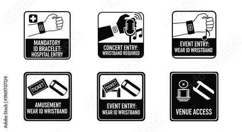 Black and white icons depicting wearable device safety and access