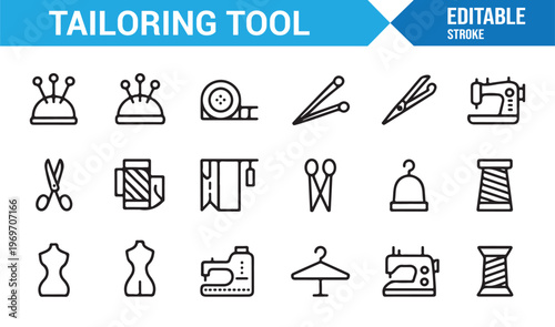 Fashion design tools icon pack including sewing machine scissors and measuring tape