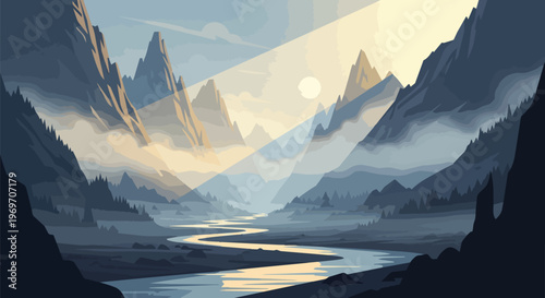 Serene Mountain Valley Landscape with Winding River and Sunbeams