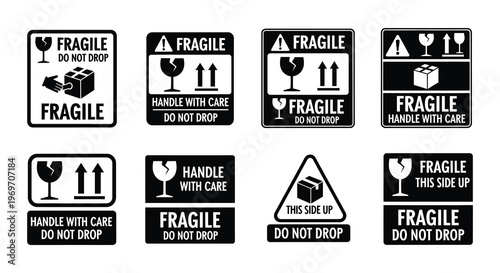 Collection of black and white fragile shipping and handling warning signs