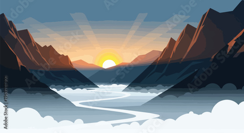 Minimalist Vector Illustration of Mountain Valley at Sunrise with Fog