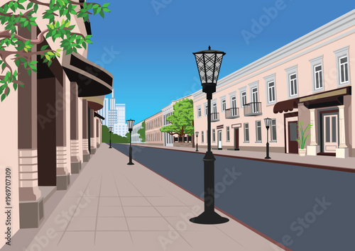 An old street of a modern city with houses, small shops, a road, and sidewalks drawn in perspective. Hand-drawn vector illustration.