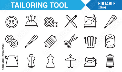 Sewing equipment icons collection including scissors needle thread mannequin and machine