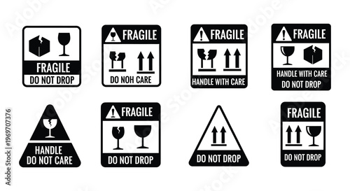 Collection of black and white fragile shipping and handling warning signs