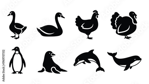 A collection of various waterfowl and marine animal silhouettes including ducks swans and a dolphin silhouette high quality professional detailed modern