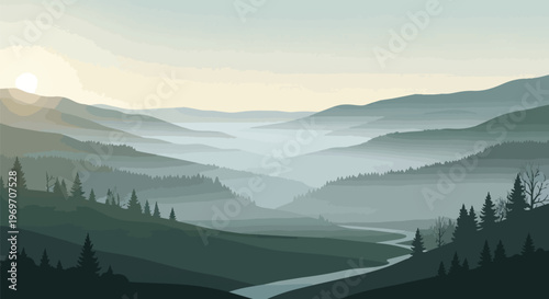 Minimalist Pixel Art Landscape with Misty Mountains and Forest River at Sunrise
