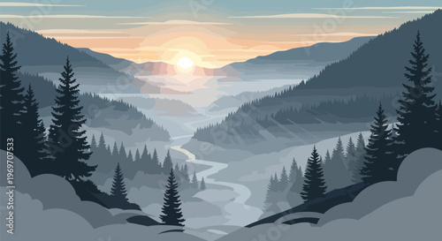 Misty Mountain Valley Landscape with Pine Forest at Sunrise