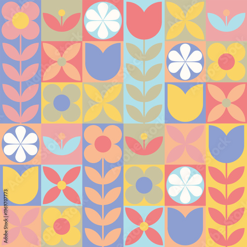 Seamless mid century Scandinavian retro geometric floral tile pattern