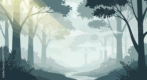 Misty Forest Landscape with Sunlight Rays and River Stream Vector Illustration