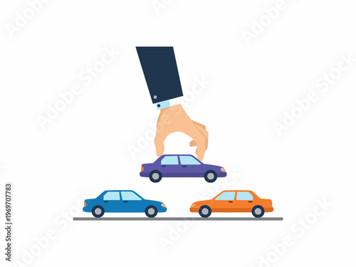 Hand picking car from various vehicles flat vector illustration